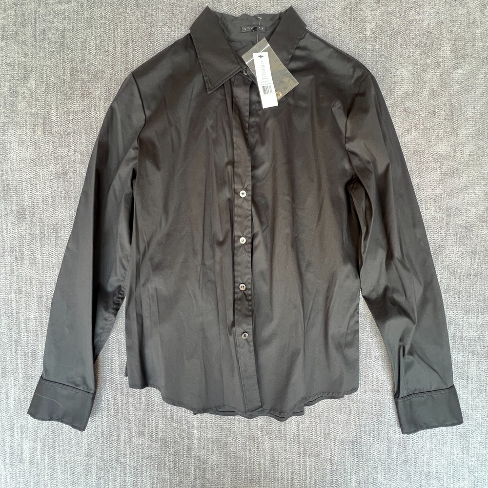 Theory Larissa Shirt Top Womens XL Black Luxe Long Sleeve Office Chic Button Up